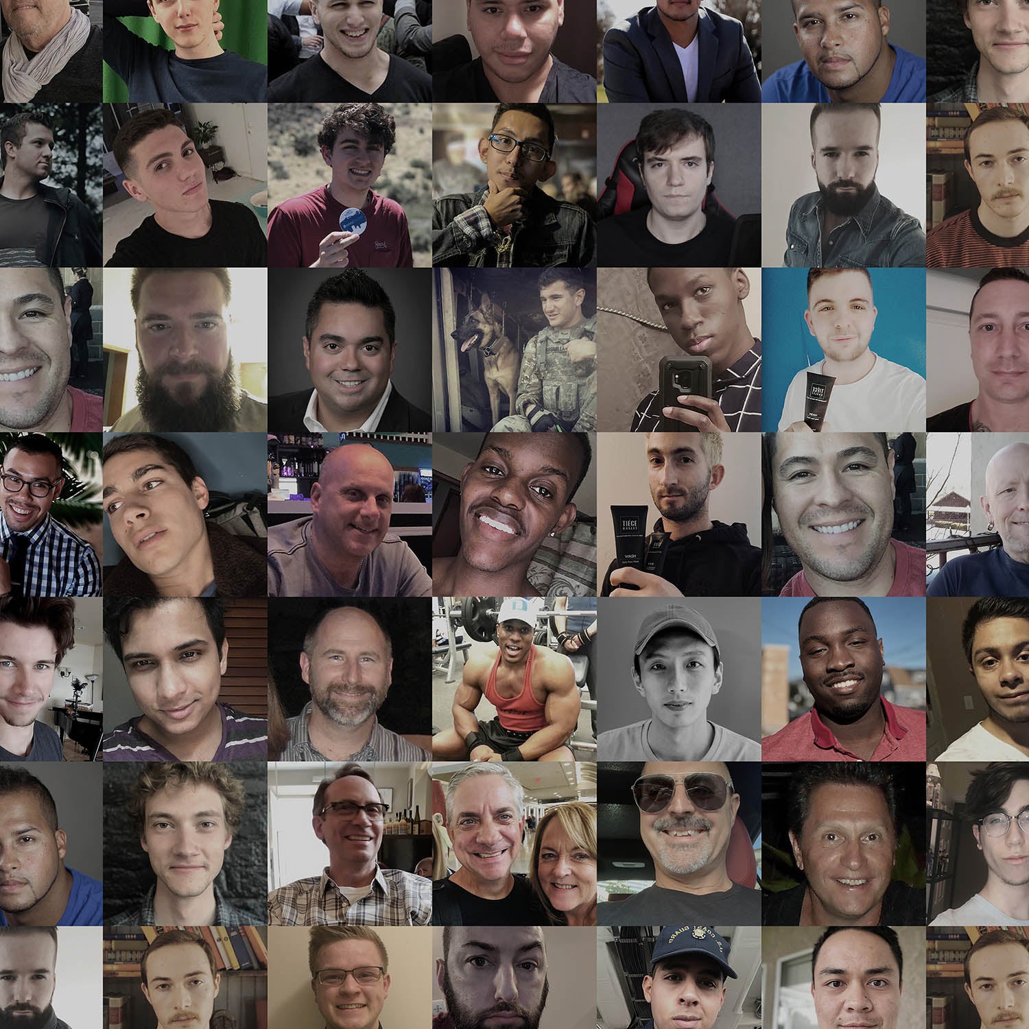 A collage of diverse male customer faces, demonstrating the wide range of people who use Tiege Hanley's skin care.