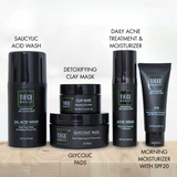 Salicylic Acid Wash, Detoxifying Clay Mask, Glycolic Pads, Daily Acne Treatment & Moisturizer, Morning Moisturizer with SPF20